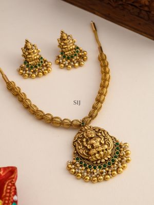 Lakshmi Pendant Green Stones Beaded Drop Necklace