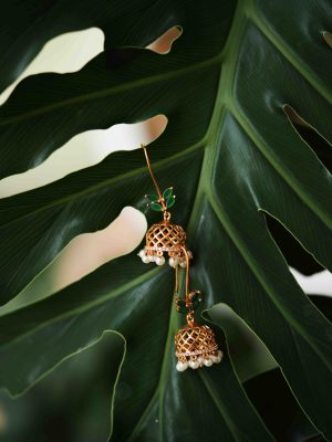 Leaf Design Pearl Drop Jhumkas