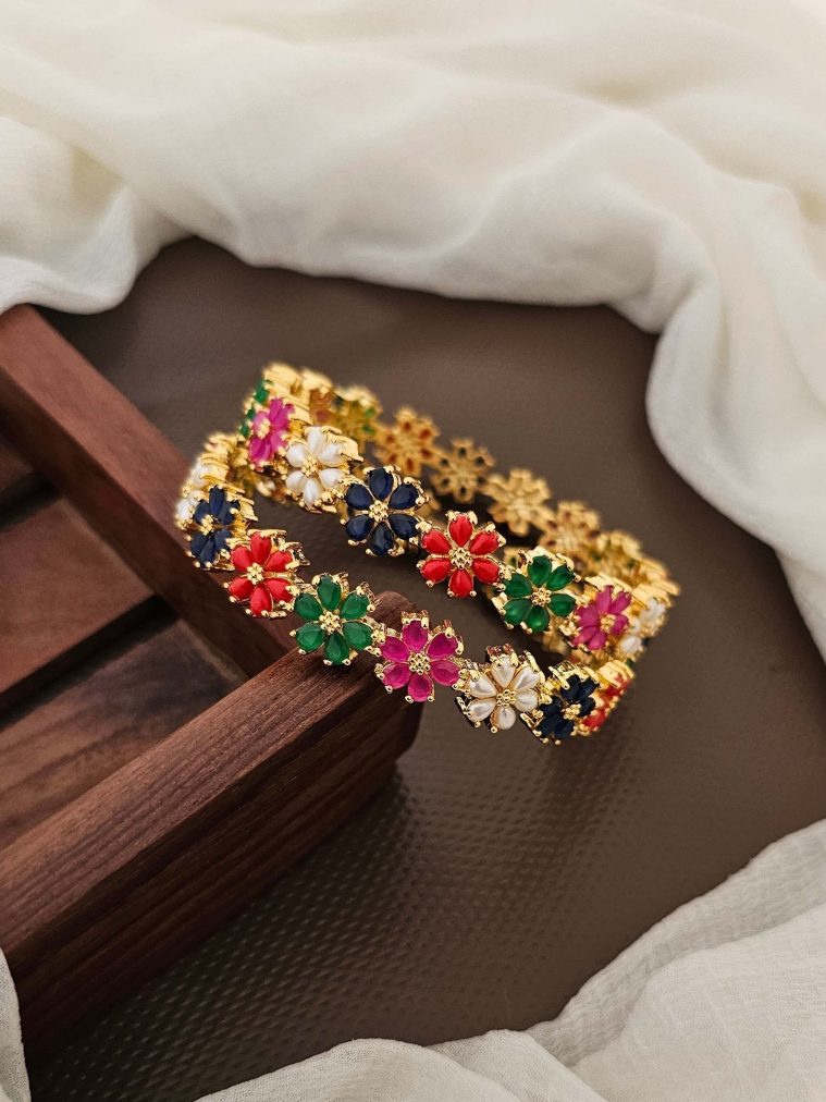 Multi Stones Flower Design Bangles