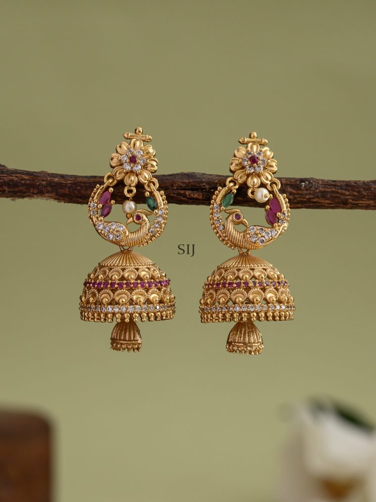 Multicolor Stones Peacock Design Jhumkas