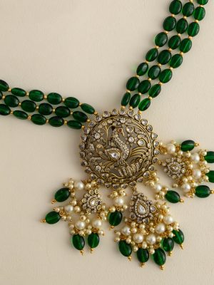 Peacock Design Victorian Pendant Green Beaded Haram