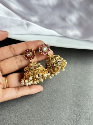 Pearl Drop Kemp Stones Peacock Jhumkas