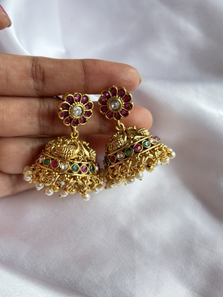 Pearl Drop Kemp Stones Peacock Jhumkas