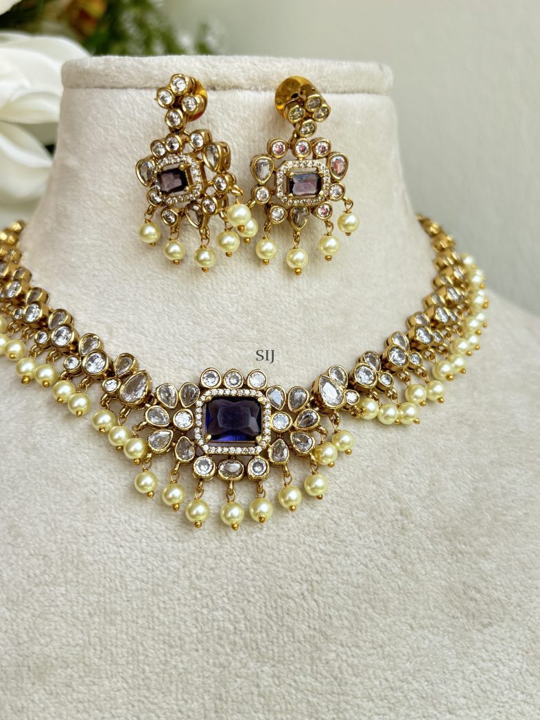 Pearl Drop Purple Stones Uncut Diamond Look Necklace