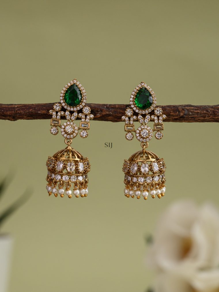 Pearl Drop White &Green Stones Jhumkas