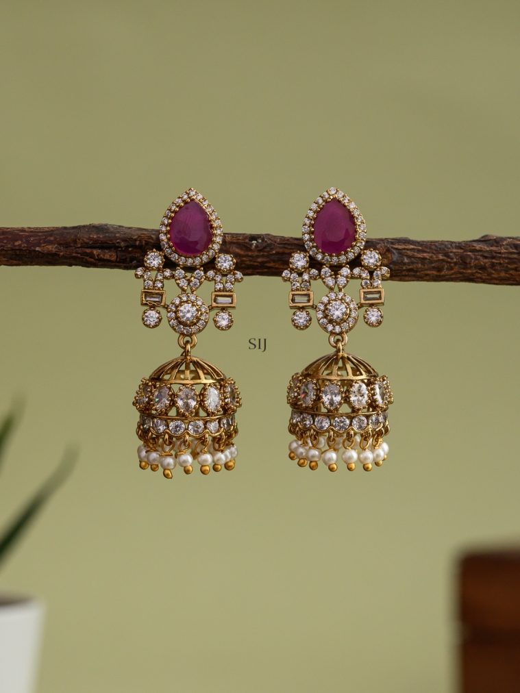 Pearl Drop White Stones Ruby Jhumkas