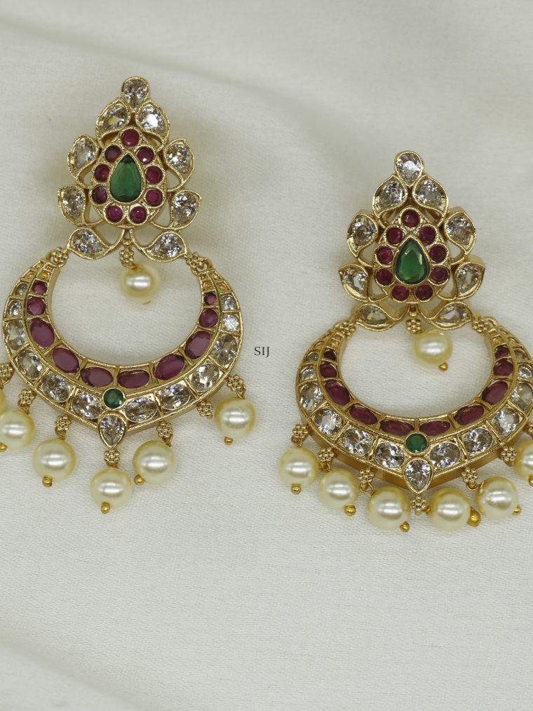 Pearl Drops Ruby Green Kemp Chand Bali Earrings