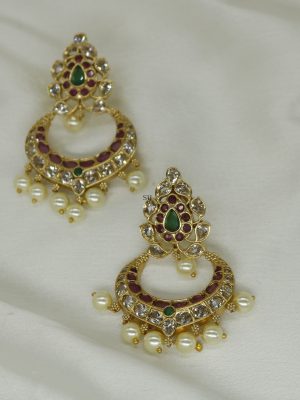 Pearl Drops Ruby Green Kemp Chand Bali Earrings