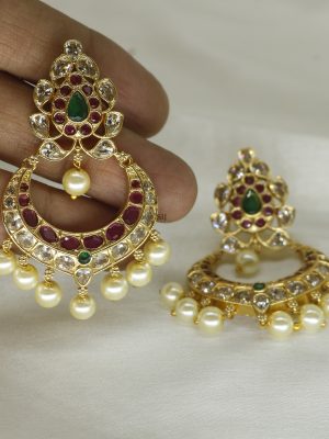 Pearl Drops Ruby Green Kemp Chand Bali Earrings