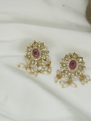 Rice Pearl Drop Kemp Stones Ruby Earrings