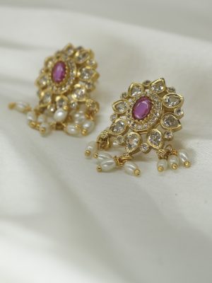 Rice Pearl Drop Kemp Stones Ruby Earrings