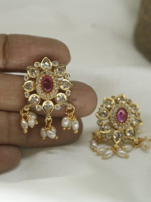 Rice Pearl Drop Kemp Stones Ruby Earrings