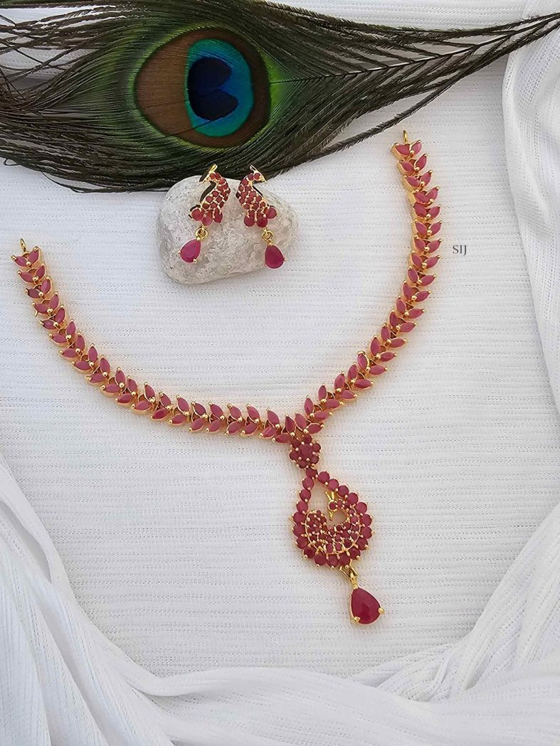 Traditional Ruby Stones Necklace with Peacock Pendant