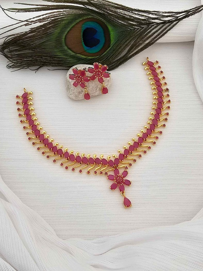 Gold Finish Ruby Stones Necklace with Flower Design Pendant