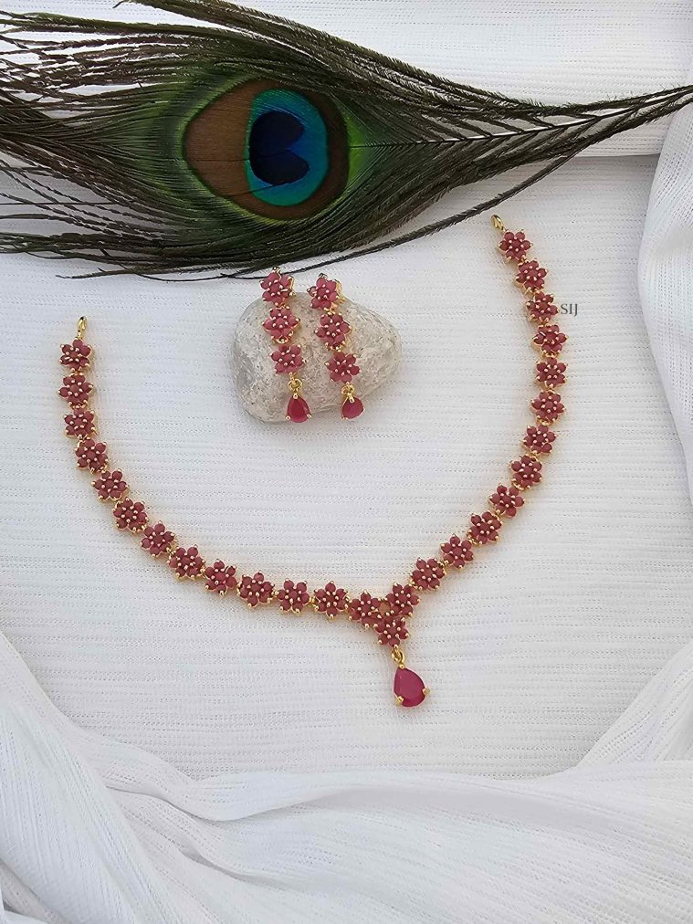 Gold Plated Ruby Stones Flower Design Necklace