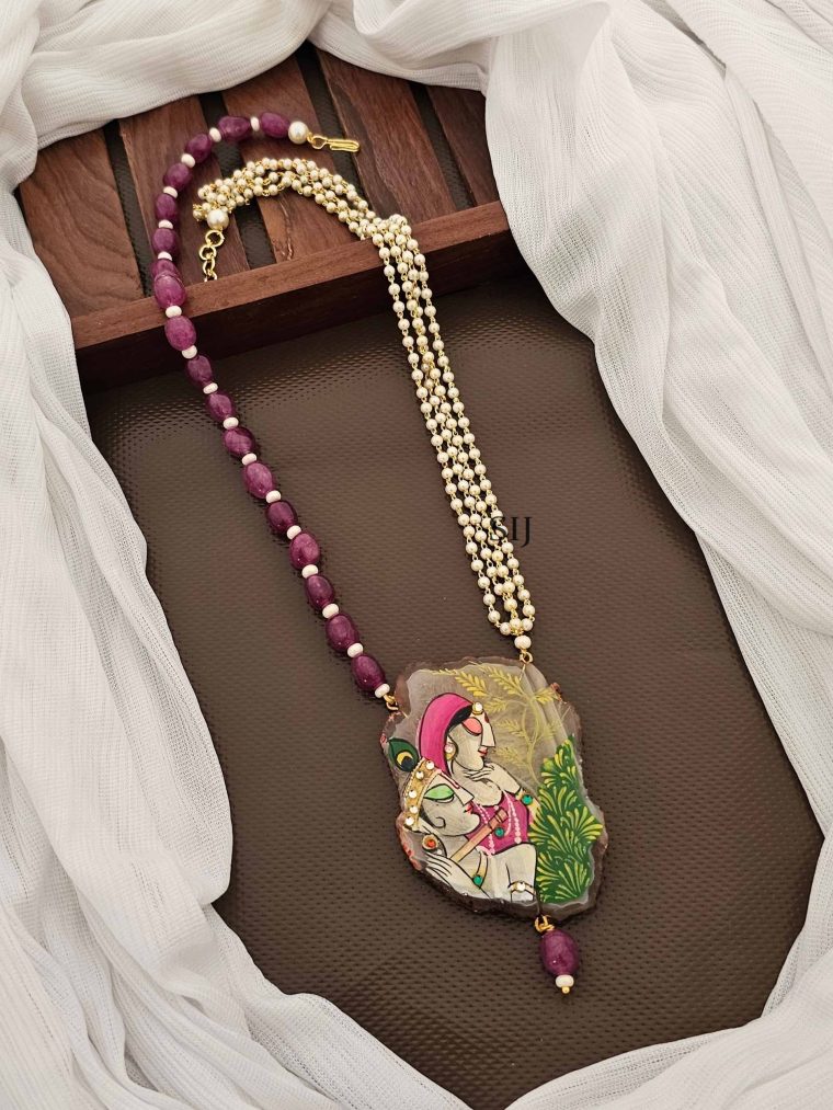 Hand Painted Krishna Pendant with Purple Agate Bead Necklace