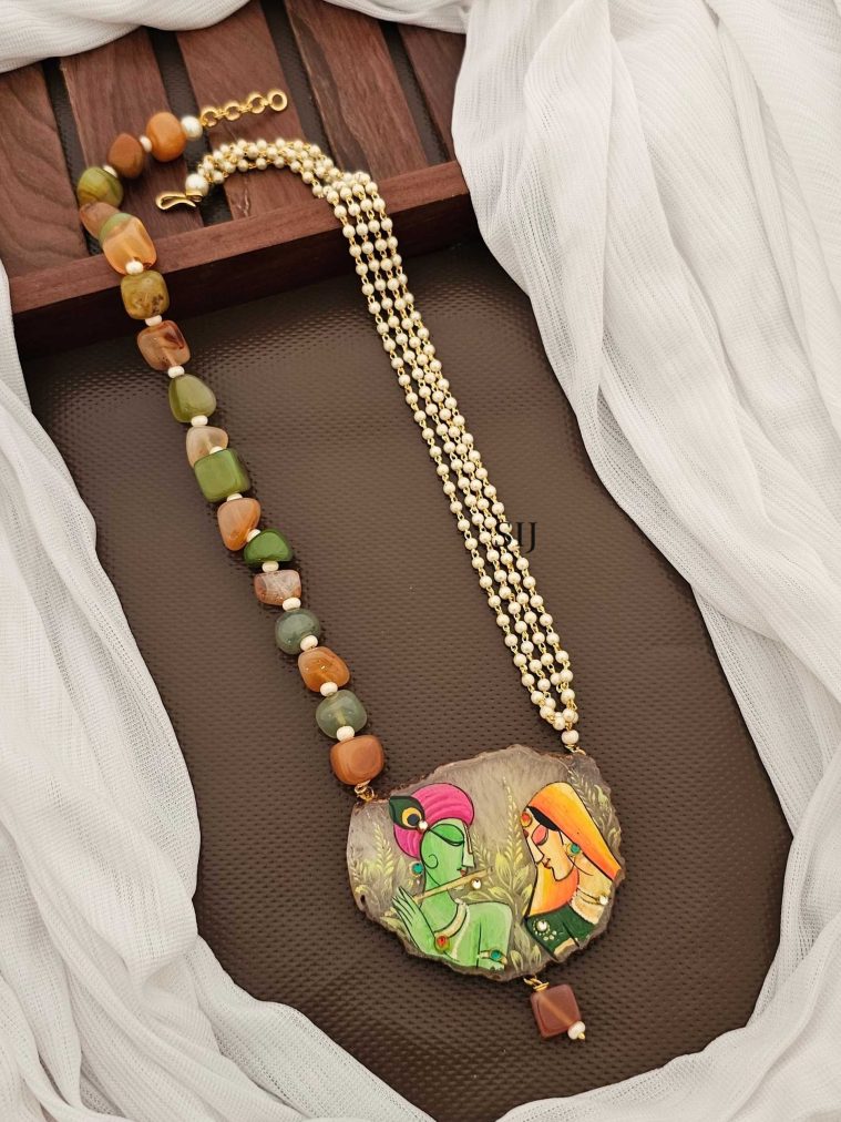 Hand Painted Radha Krishna Pendant with Agate Beads Necklace