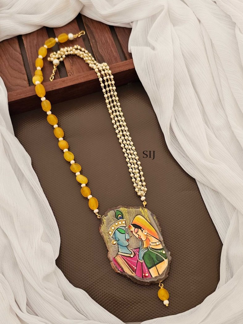 Hand Painted Radha Krishna Pendant with Yellow Agate Necklace