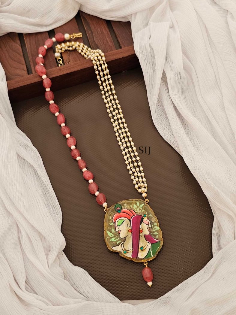 Pink Beads Necklace with Hand Painted Radha Krishna Pendant