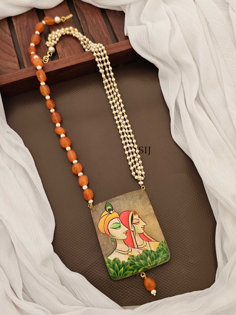 Hand Painted Radha Krishna Pendant with Orange Agate Necklace