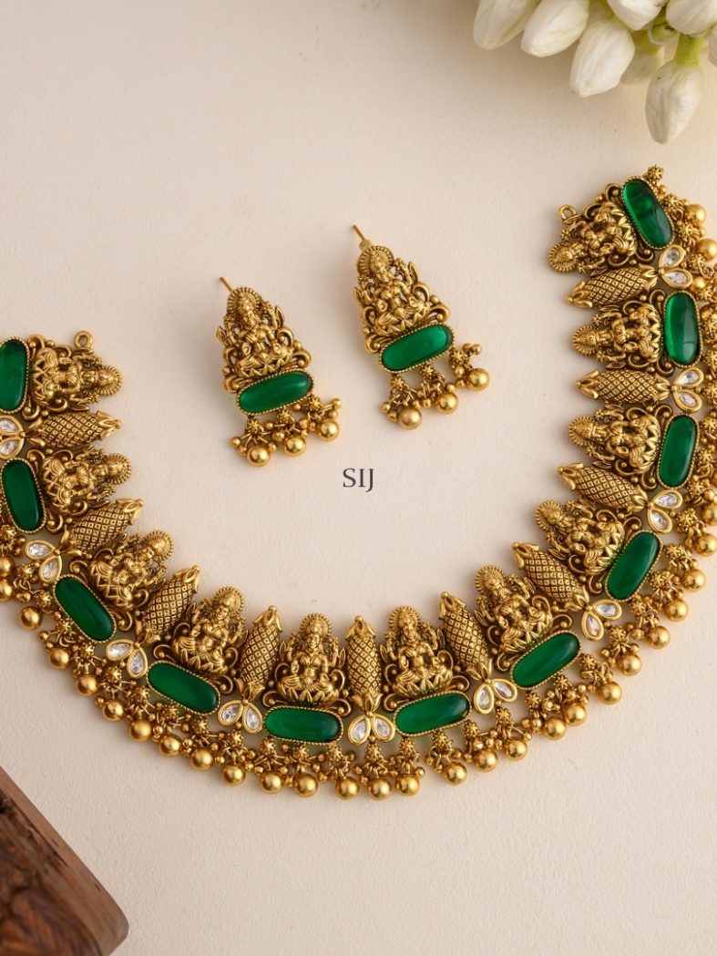 Traditional Lakshmi Design Green Stones Necklace