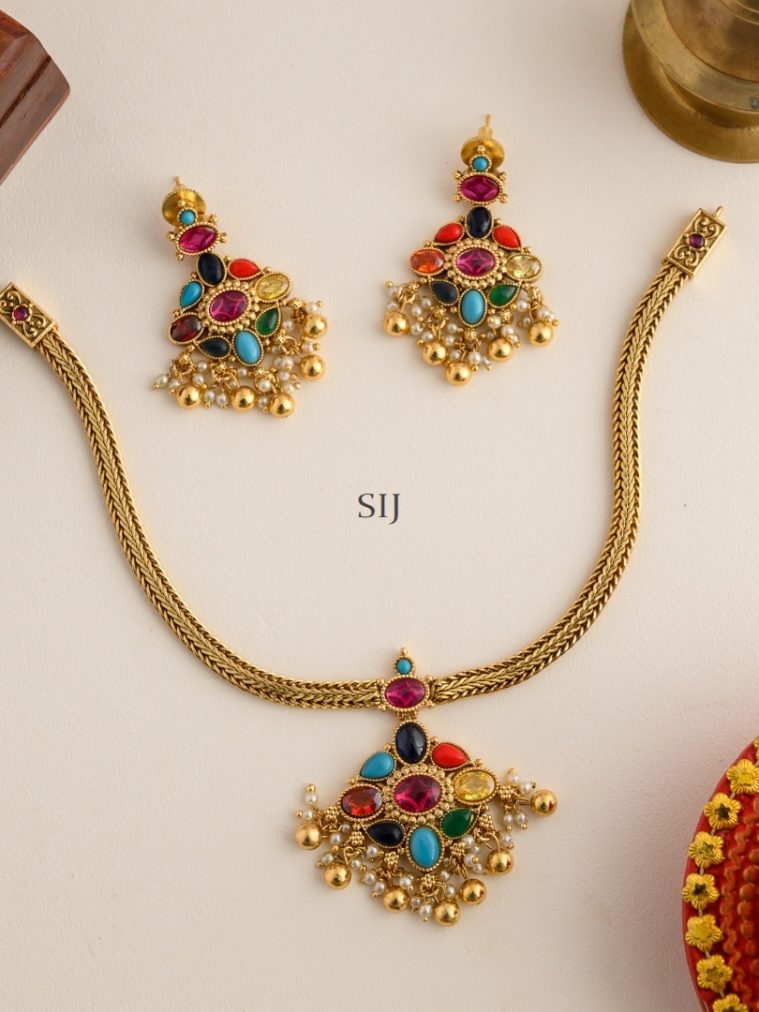 Traditional South India Style Kemp Navaratna Necklace