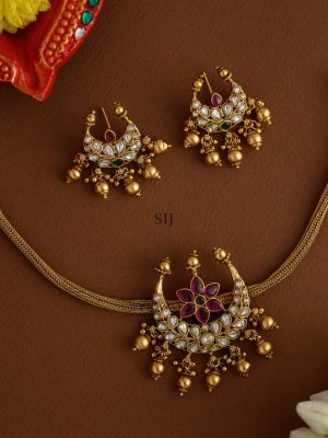 White& Ruby Stones Studded Moon Shaped Attigai Necklace