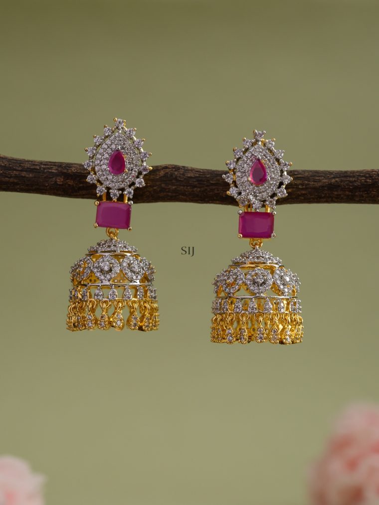 White Stones Trika Ruby Jhumkas