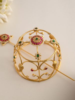 Gold Plated Jadau Kundan Hair Bun Holder with Juda Stick