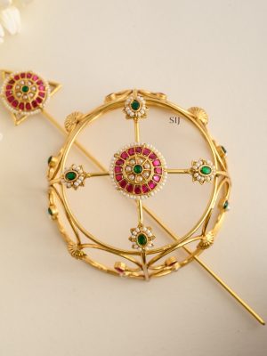 Gold Plated Jadau Kundan Hair Bun Holder with Juda Stick