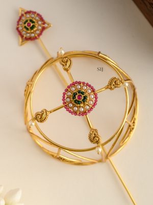 Gold Finish Jadau Kundan Hair Bun Holder with Juda Stick