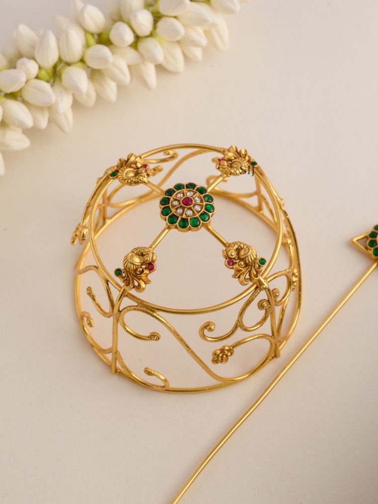 Traditional Peacock Jadau Kundan Hair Bun Holder with Juda Stick