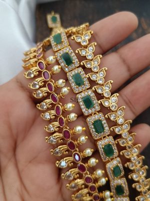 3 Layered Green& Ruby Stones Pearl Long Haram