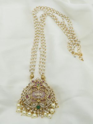 Three Layers Pearl Necklace with Pastel Stones Pendant