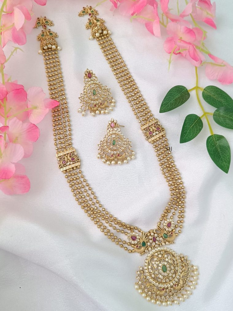 Five Layers Gold Beads Long Haram with Peacock Pendant