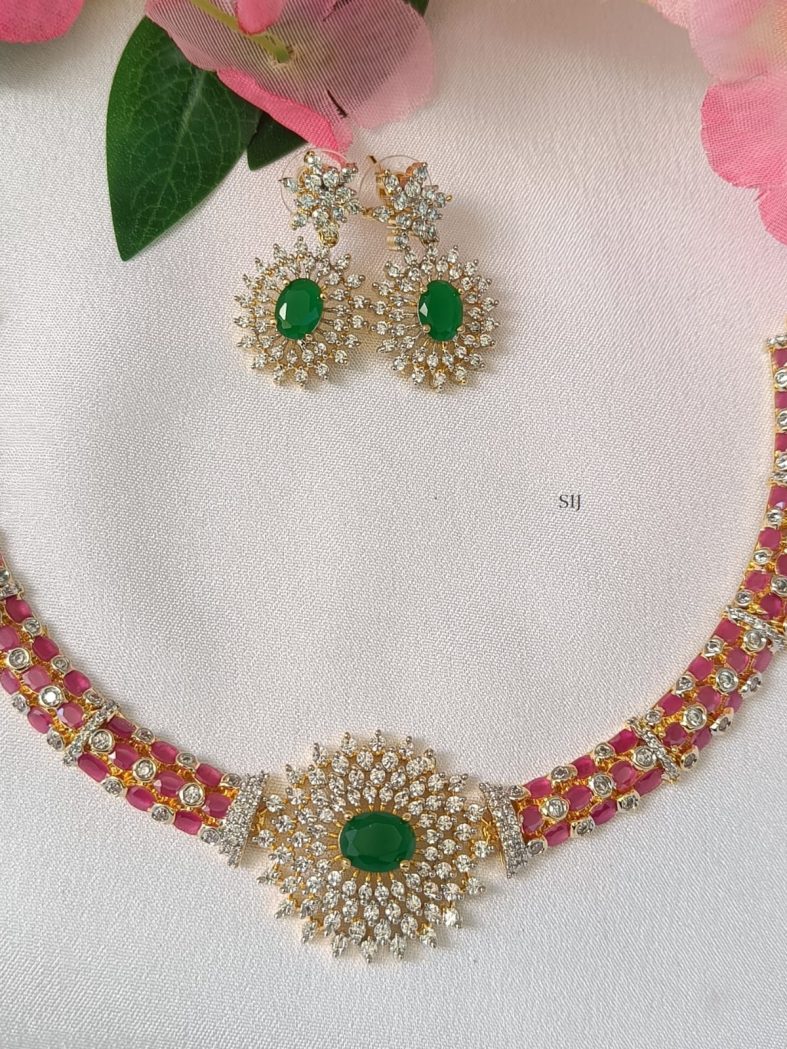 Imitation Pink and AD White Stones Necklace