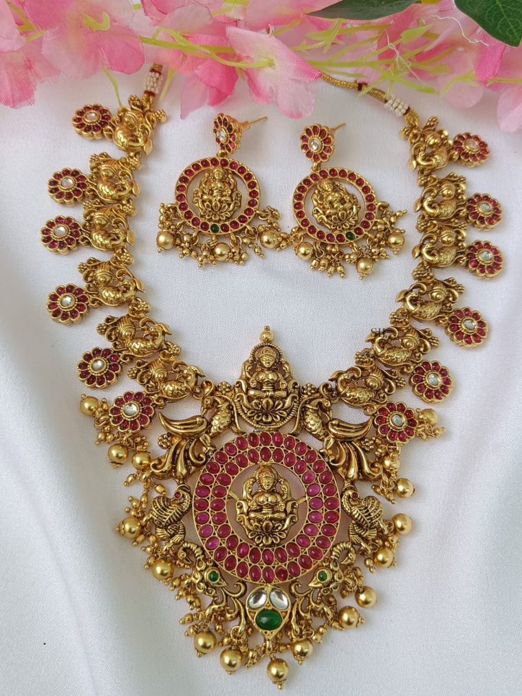 Traditional Peacock Necklace with Lakshmi Devi Pendant