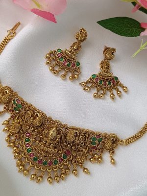 Traditional Lakshmi and Peacocks Choker with Gold Beads