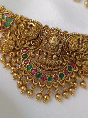 Traditional Lakshmi and Peacocks Choker with Gold Beads