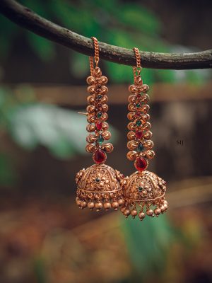 Imitation Multi Stones Jhumkas With Ear Chains