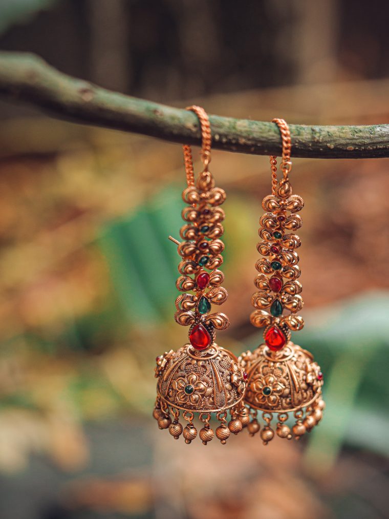 Imitation Multi Stones Jhumkas With Ear Chains