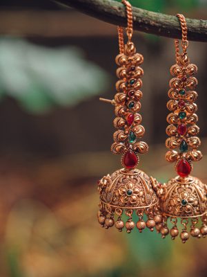 Imitation Multi Stones Jhumkas With Ear Chains