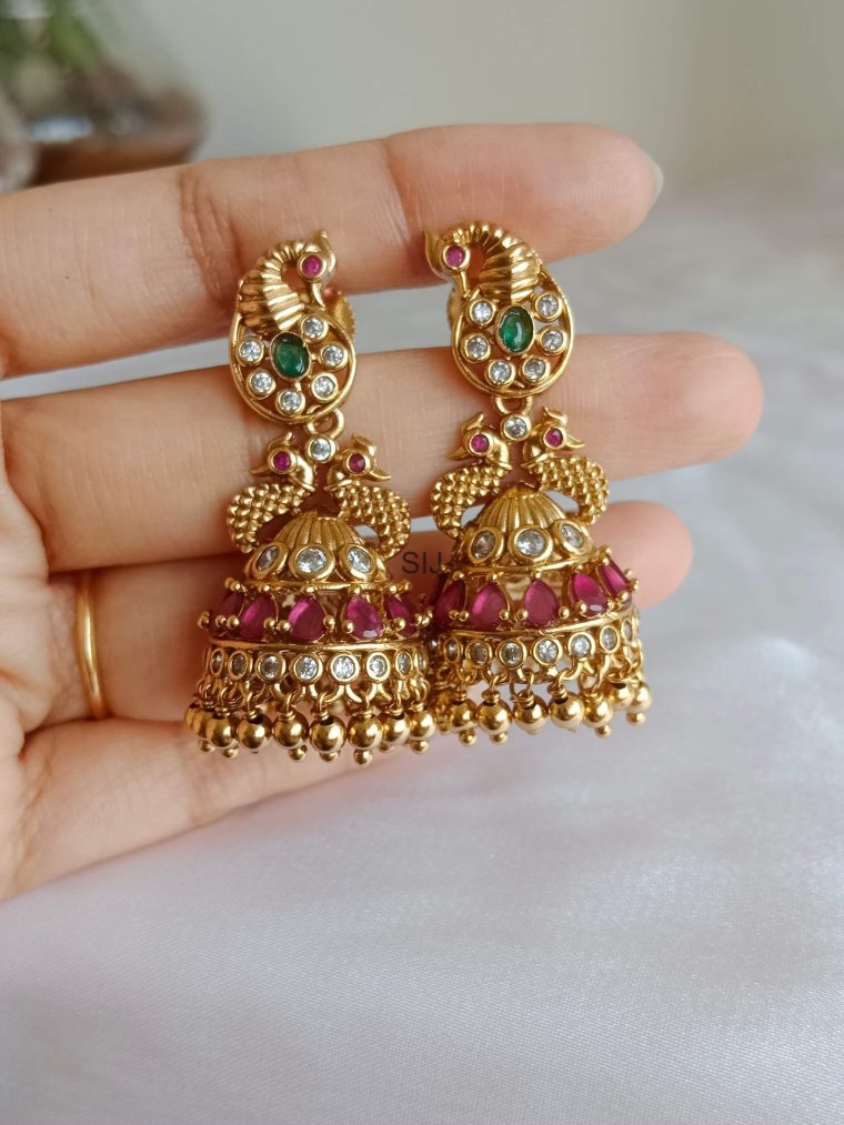 Antique Dual Peacock Gold Pearl Jhumkas