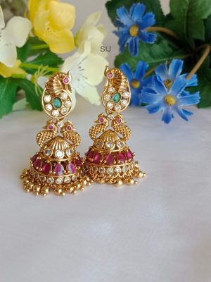 Antique Dual Peacock Gold Pearl Jhumkas