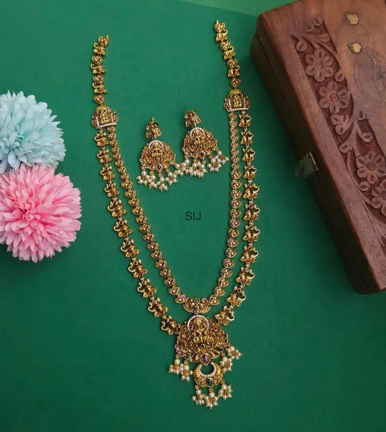 Antique Gold Finish Dual Line Lakshmi Pendant Haram