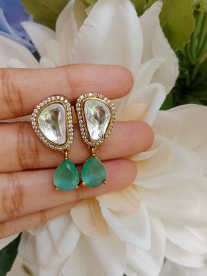 Artificial Polki With Green Stones Drop Earrings