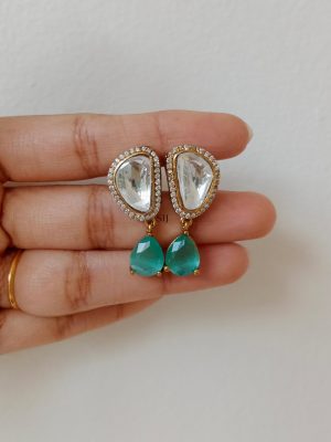 Artificial Polki With Green Stones Drop Earrings