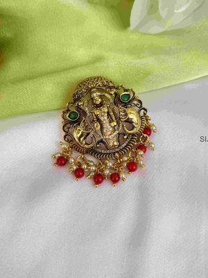 Balaji & Dual Elephant Green and Red Pearl Pendant Set