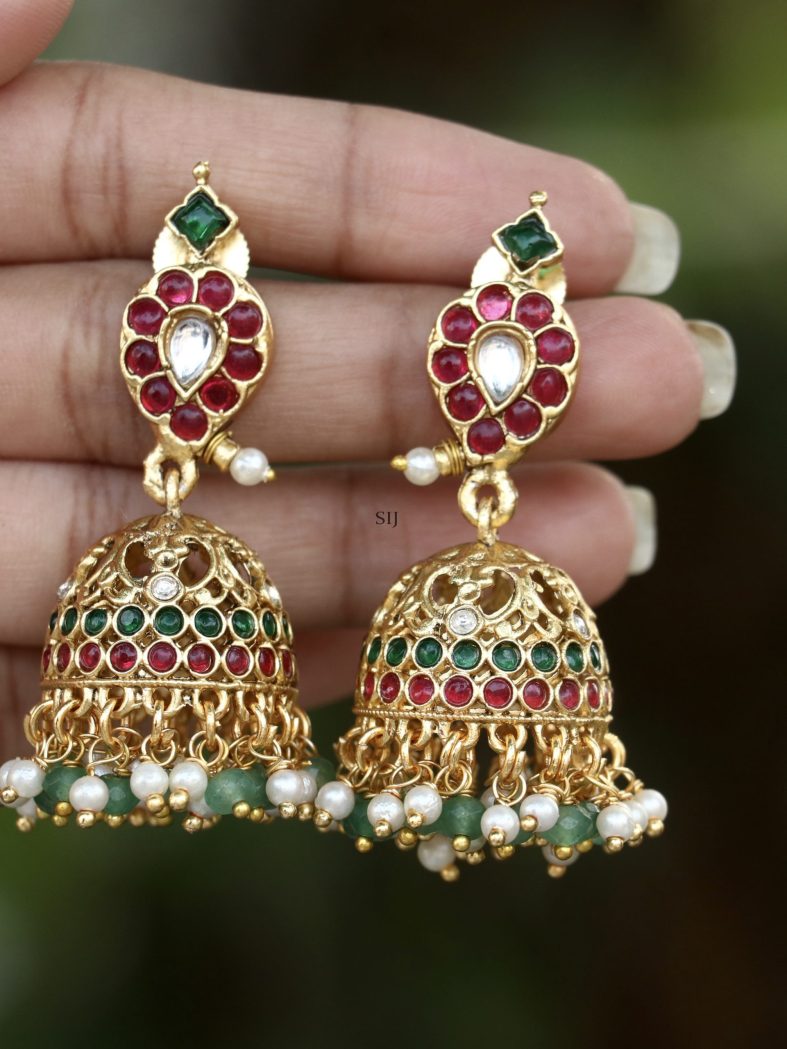 Beaded Drop Green& Red Kemp Jhumkas