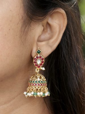 Beaded Drop Green& Red Kemp Jhumkas